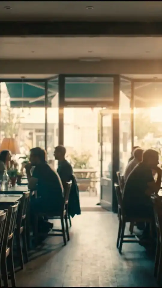 Comedor de un restaurante lleno al mediodía, luz de sol entrando por la puerta